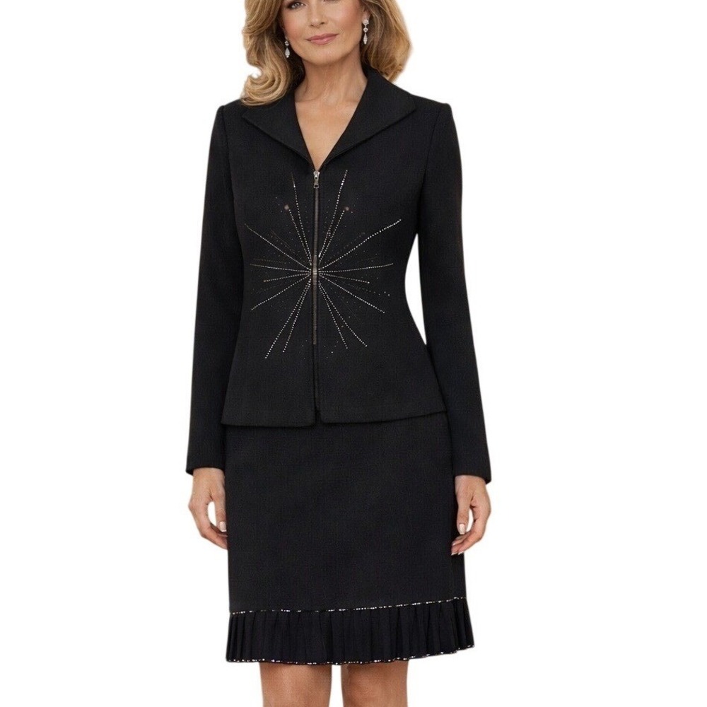 St John Evening Women Skirt Suit Set 8 10 Black Knit Rhinestone USA Formal Event